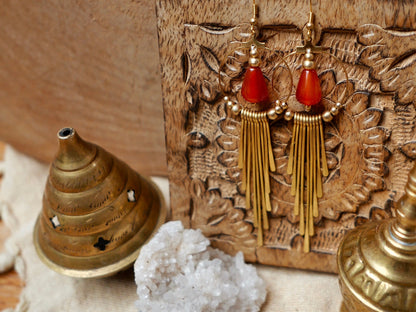 Boho brass goddess earrings with gemstones | Tribal brass earrings with Carnelian crystals