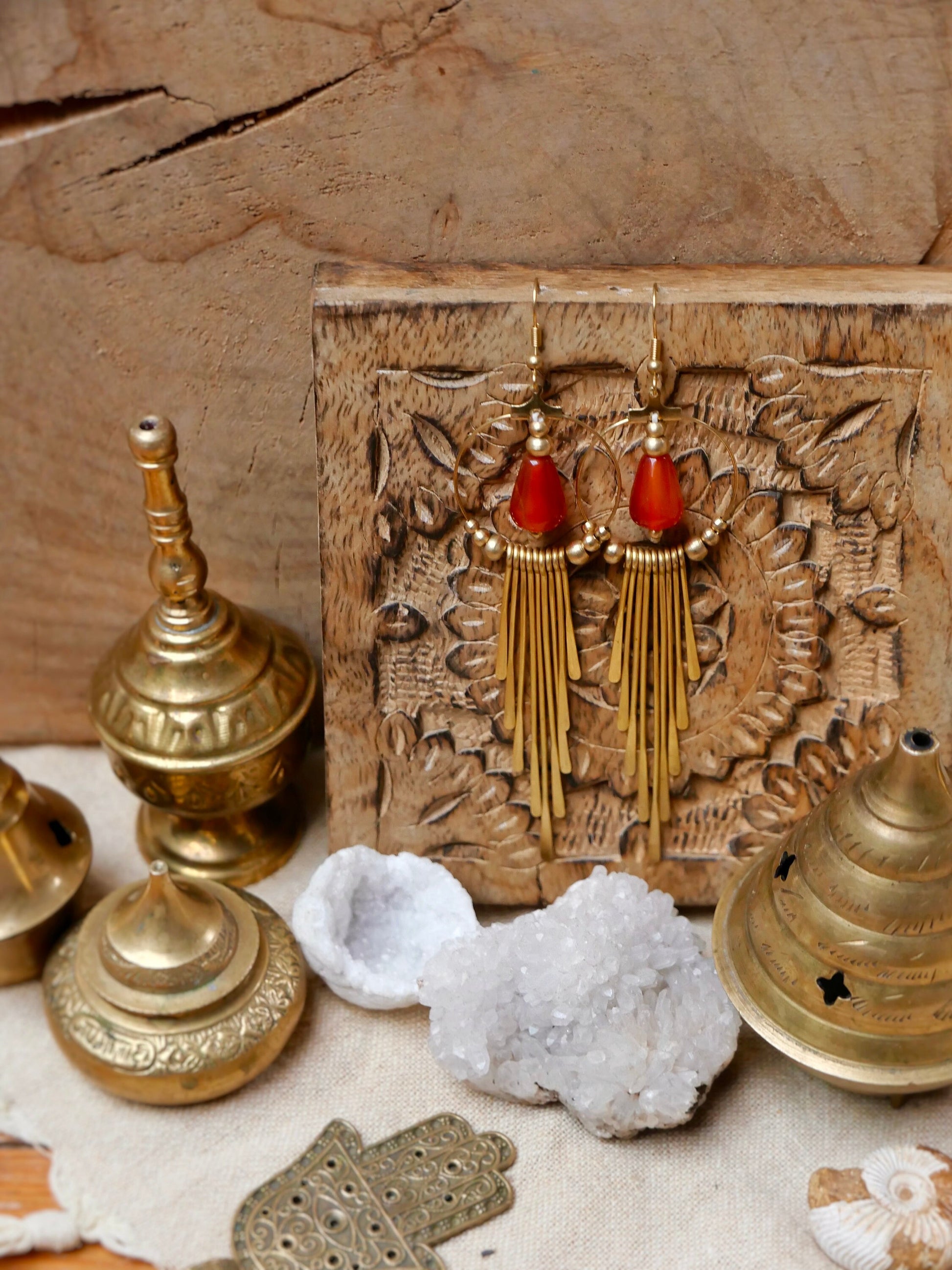 Boho brass goddess earrings with gemstones | Tribal brass earrings with Carnelian crystals