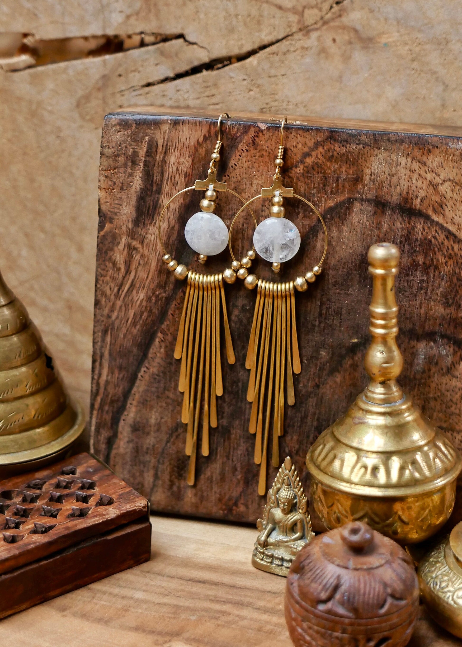 Boho brass goddess earrings with Quartz gemstones | Tribal brass earrings with healing crystals