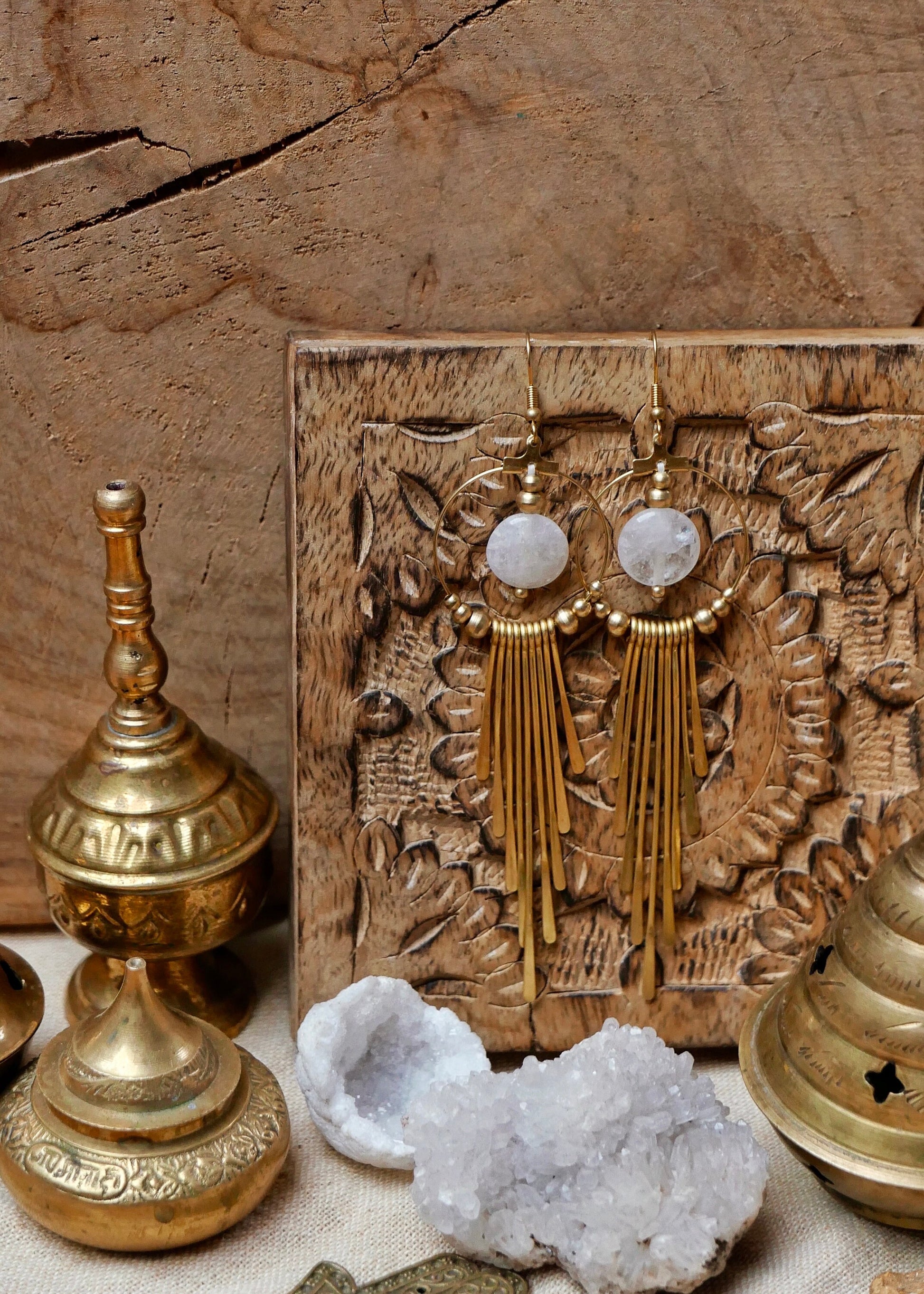 Boho brass goddess earrings with Quartz gemstones | Tribal brass earrings with healing crystals