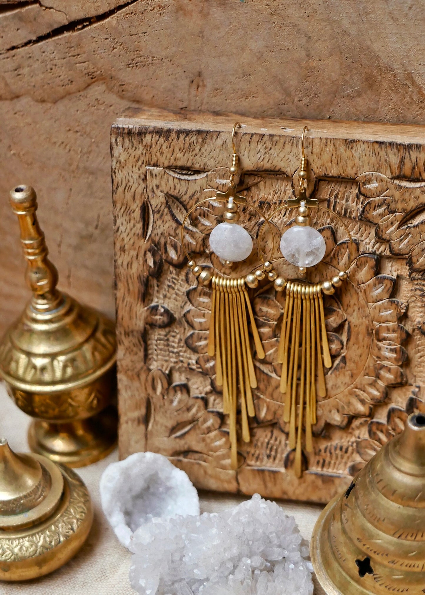 Boho brass goddess earrings with Quartz gemstones | Tribal brass earrings with healing crystals