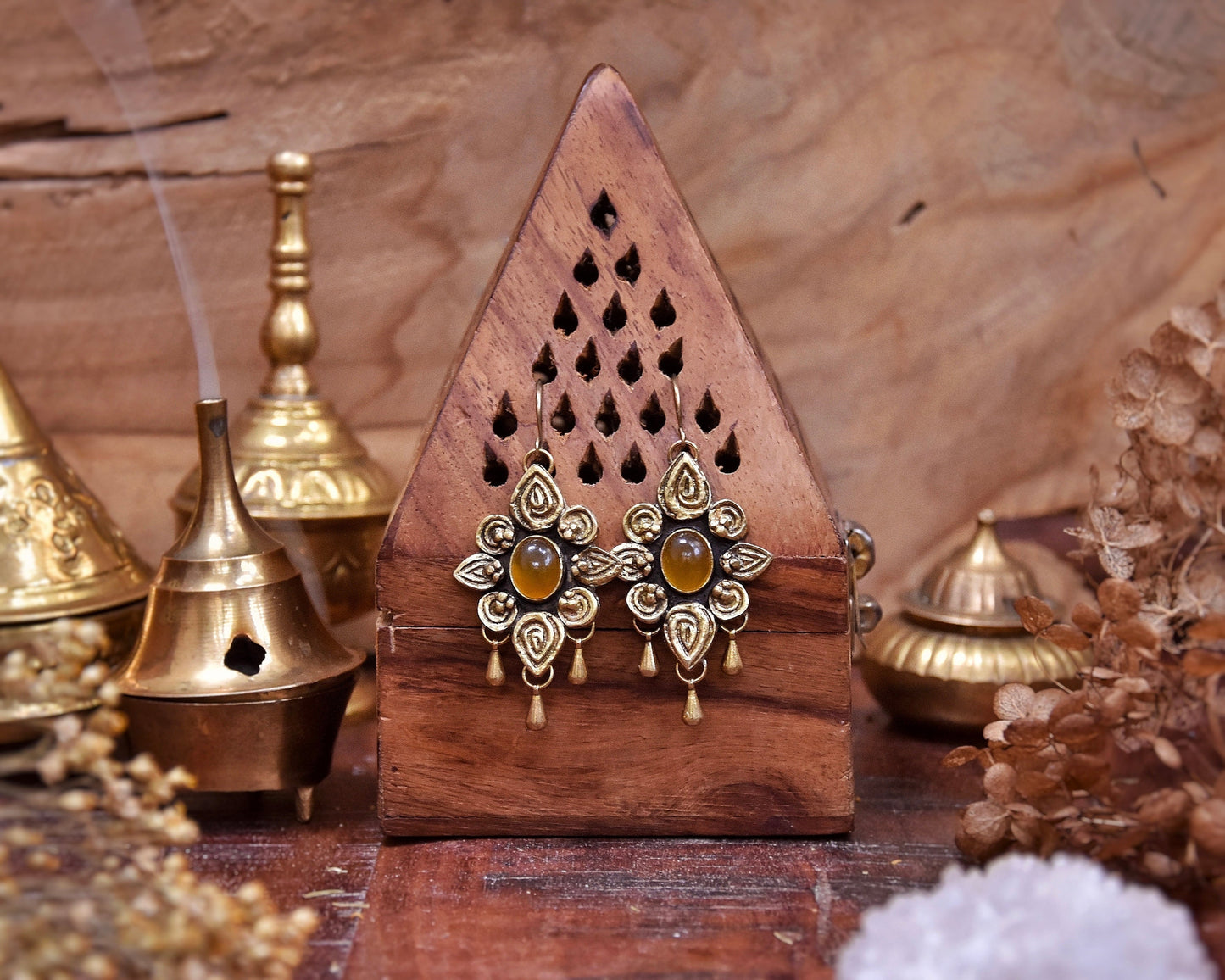 Brass boho earrings with drop charms | Tribal mandala earrings | Ornamental gemstone earrings