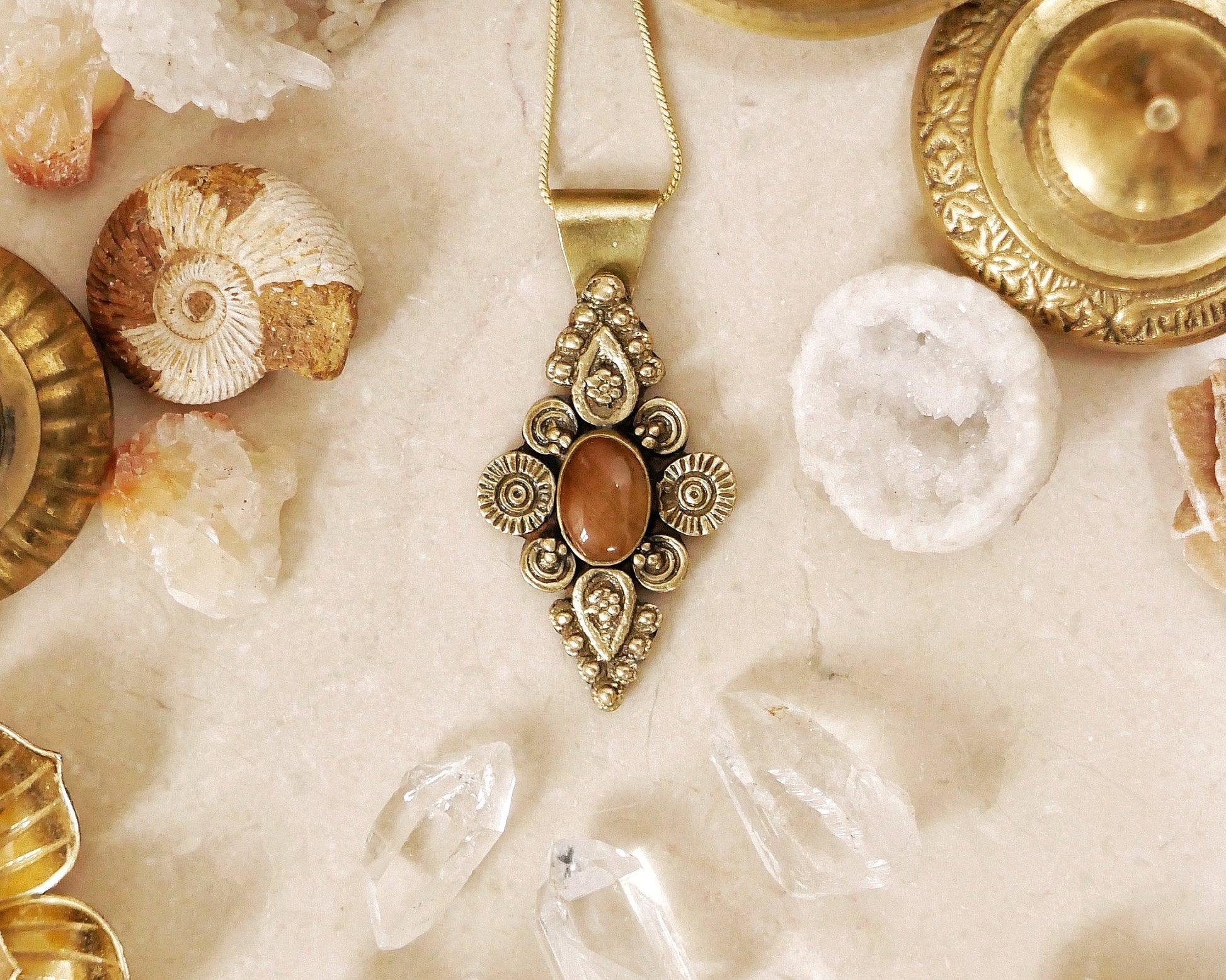 Bohemian gemstone pendant | Tribal mandala pendant | Bohemian ornamental brass pendant