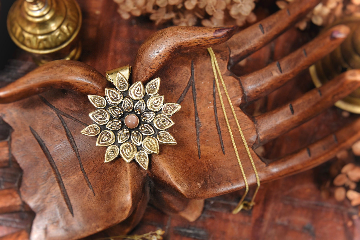 Brass mandala pendant with peach Moonstone crystal | Floral boho pendant