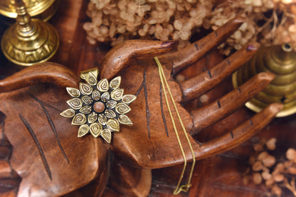 Brass mandala pendant with peach Moonstone crystal | Floral boho pendant