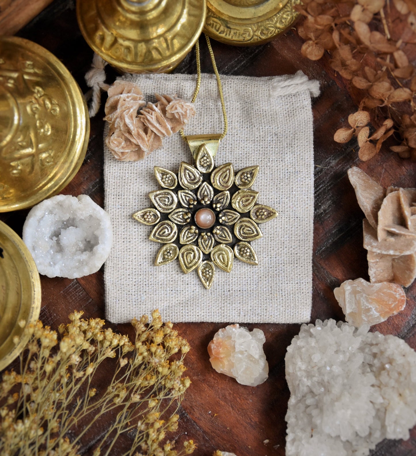 Brass mandala pendant with peach Moonstone crystal | Floral boho pendant