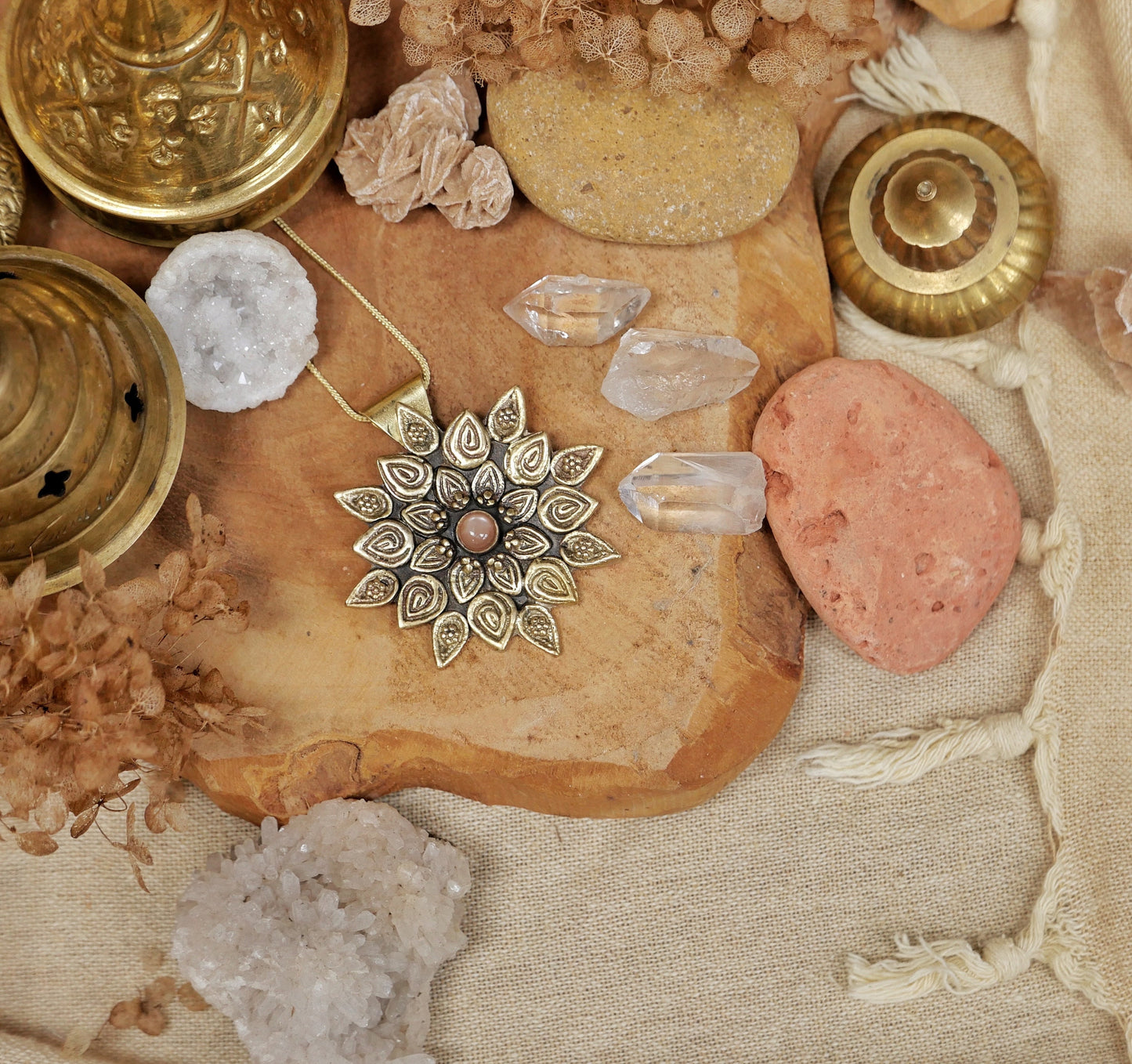 Brass mandala pendant with peach Moonstone crystal | Floral boho pendant