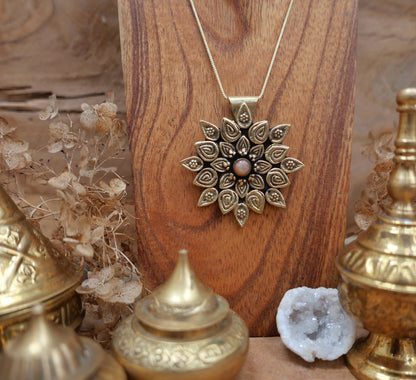 Brass mandala pendant with peach Moonstone crystal | Floral boho pendant