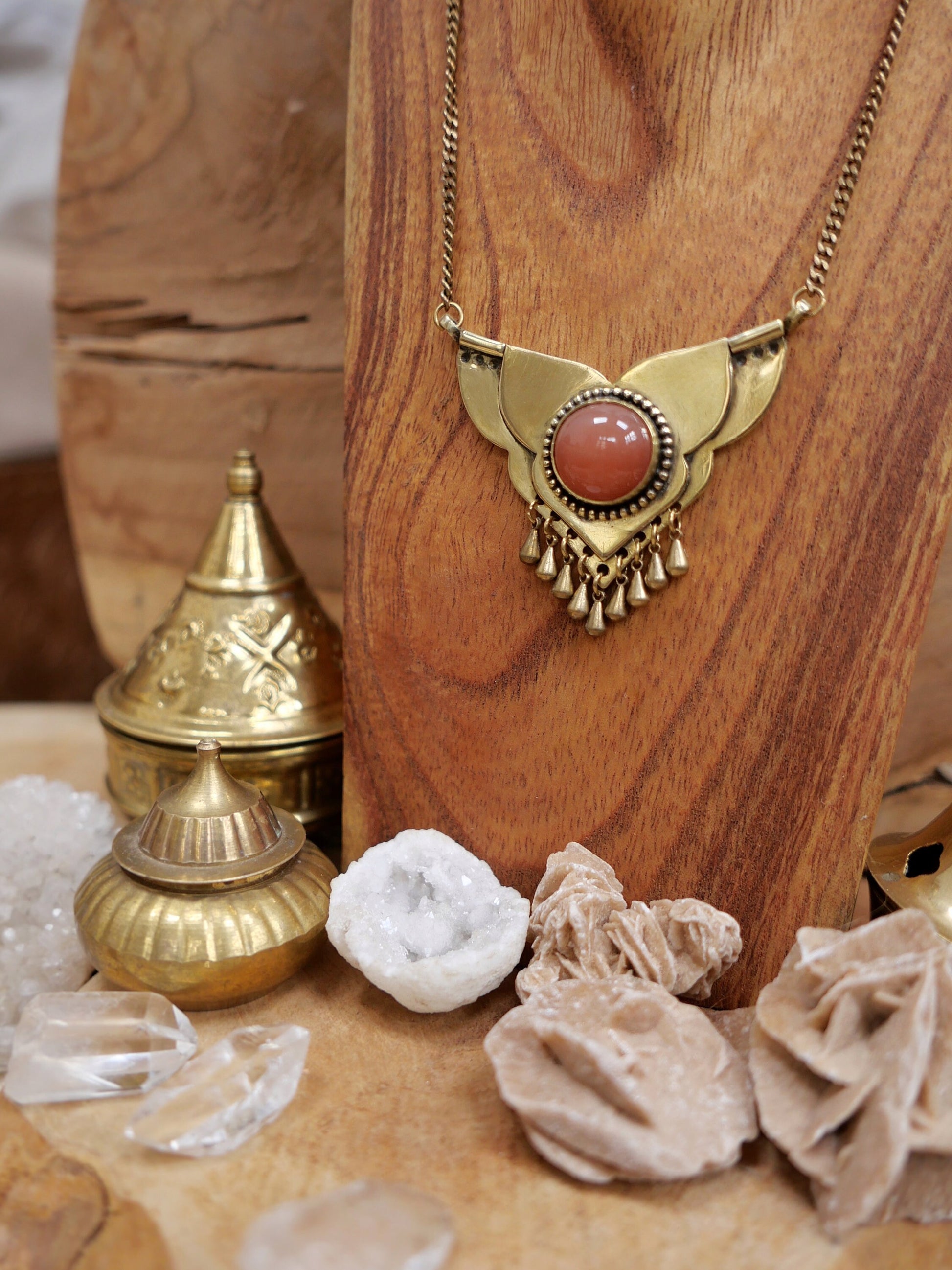 Brass boho necklace with dangling drops and a peach Moonstone crystal | Spiritual tribal brass necklace