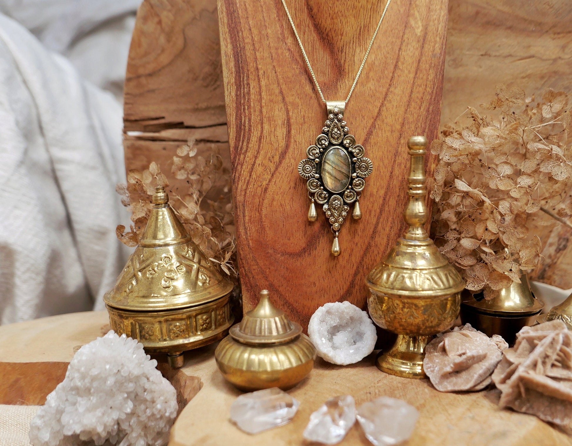 Brass Labradorite pendant with drop charms | Tribal mandala pendant | Ornamental gemstone pendant