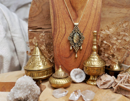 Brass Labradorite pendant with drop charms | Tribal mandala pendant | Ornamental gemstone pendant