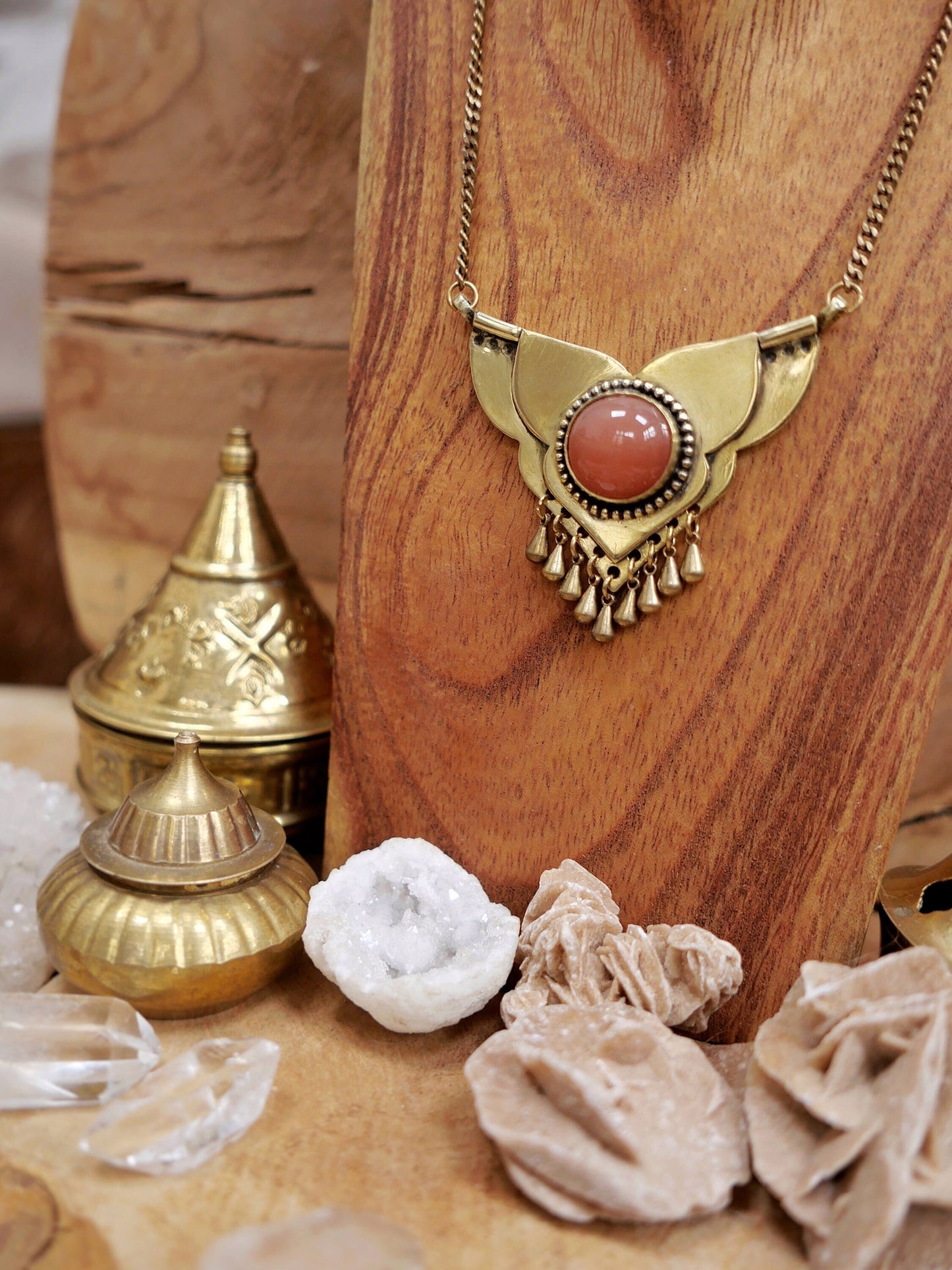 Brass boho necklace with dangling drops and a peach Moonstone crystal | Spiritual tribal brass necklace