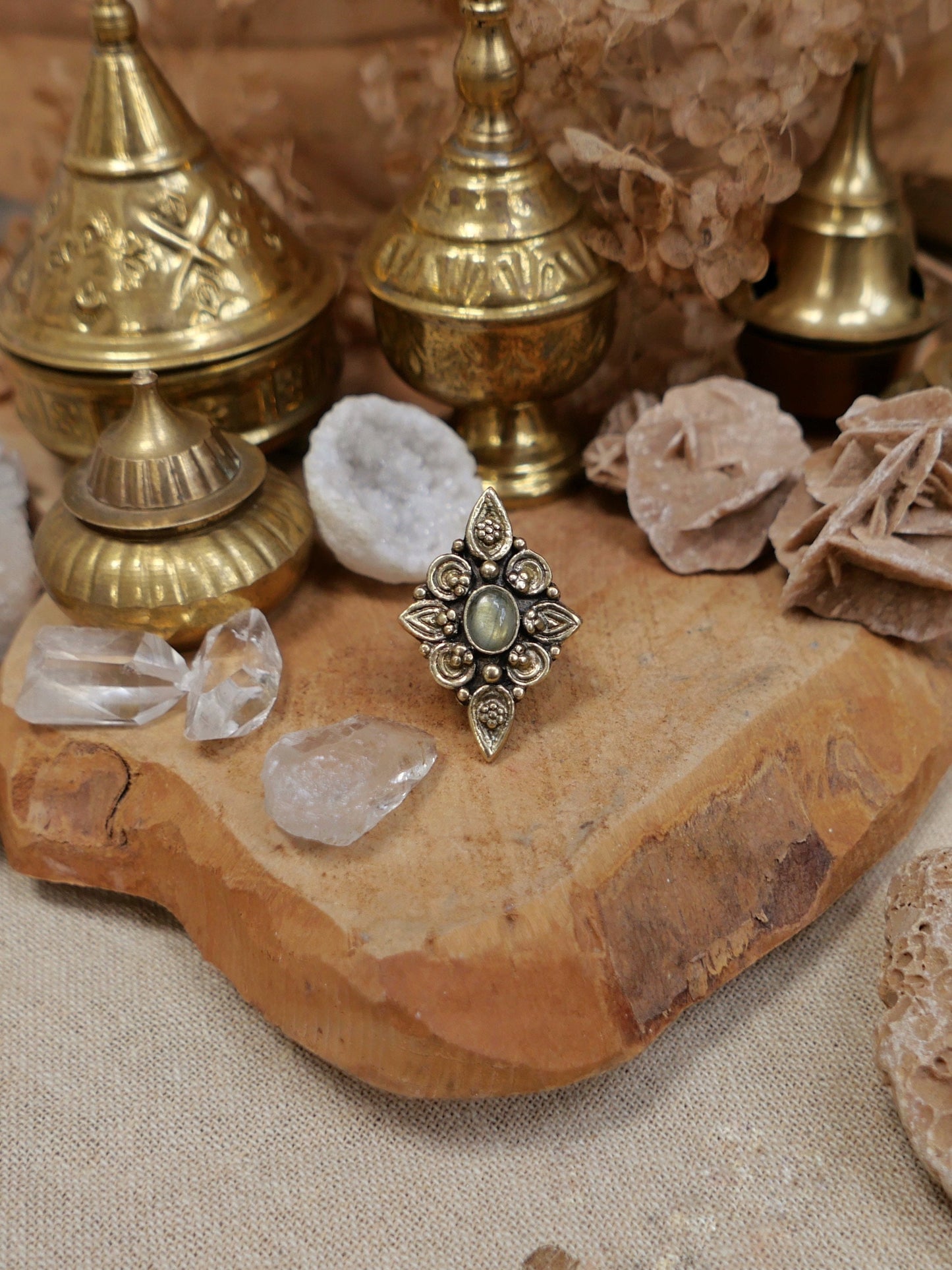 Brass Labradorite ring with tribal ornaments | Bohemian brass mandala ring for goddesses