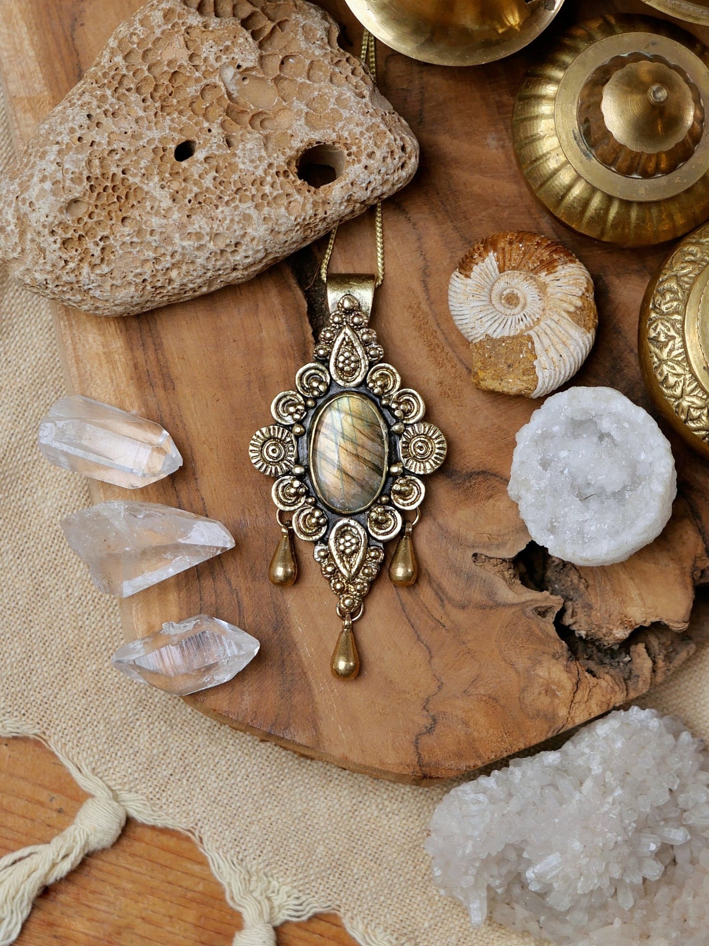 Brass Labradorite pendant with drop charms | Tribal mandala pendant | Ornamental gemstone pendant