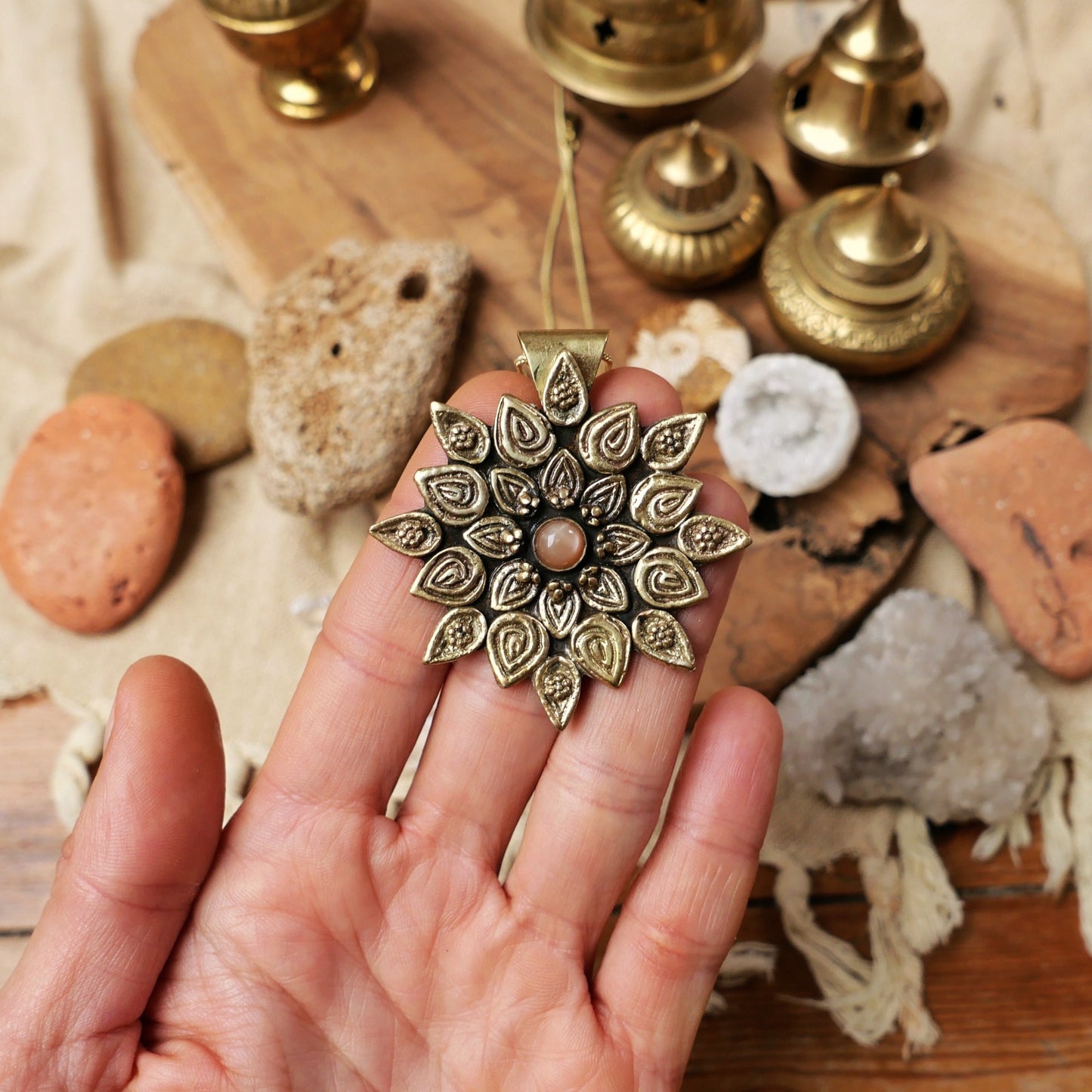 Brass mandala pendant with peach Moonstone crystal | Floral boho pendant