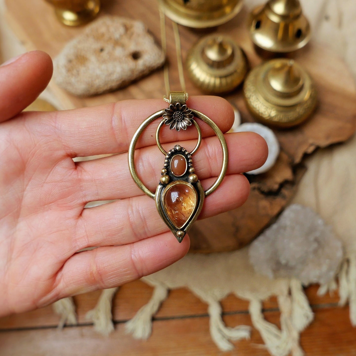 Tribal pendant with flower and two gemstones| Large bohemian goddess pendant | floral pendant with healing crystals