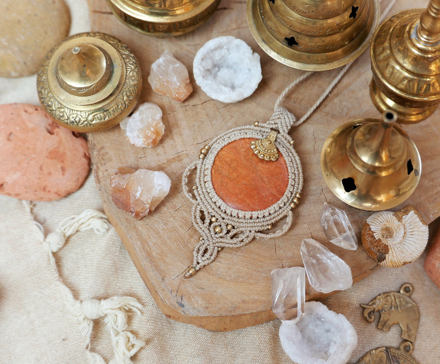 Large round macrame pendant with jasper crystal and brass charm | Feminine gemstone pendant