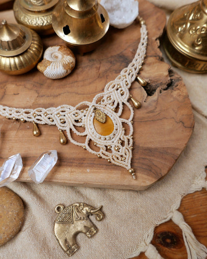 Goddess macrame necklace with jasper crystal and brass drop charms