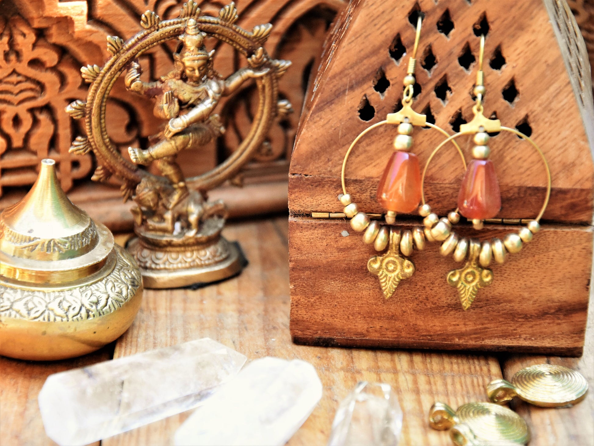 Bohemian gemstone earrings | Tribal brass earrings with Carnelian crystals