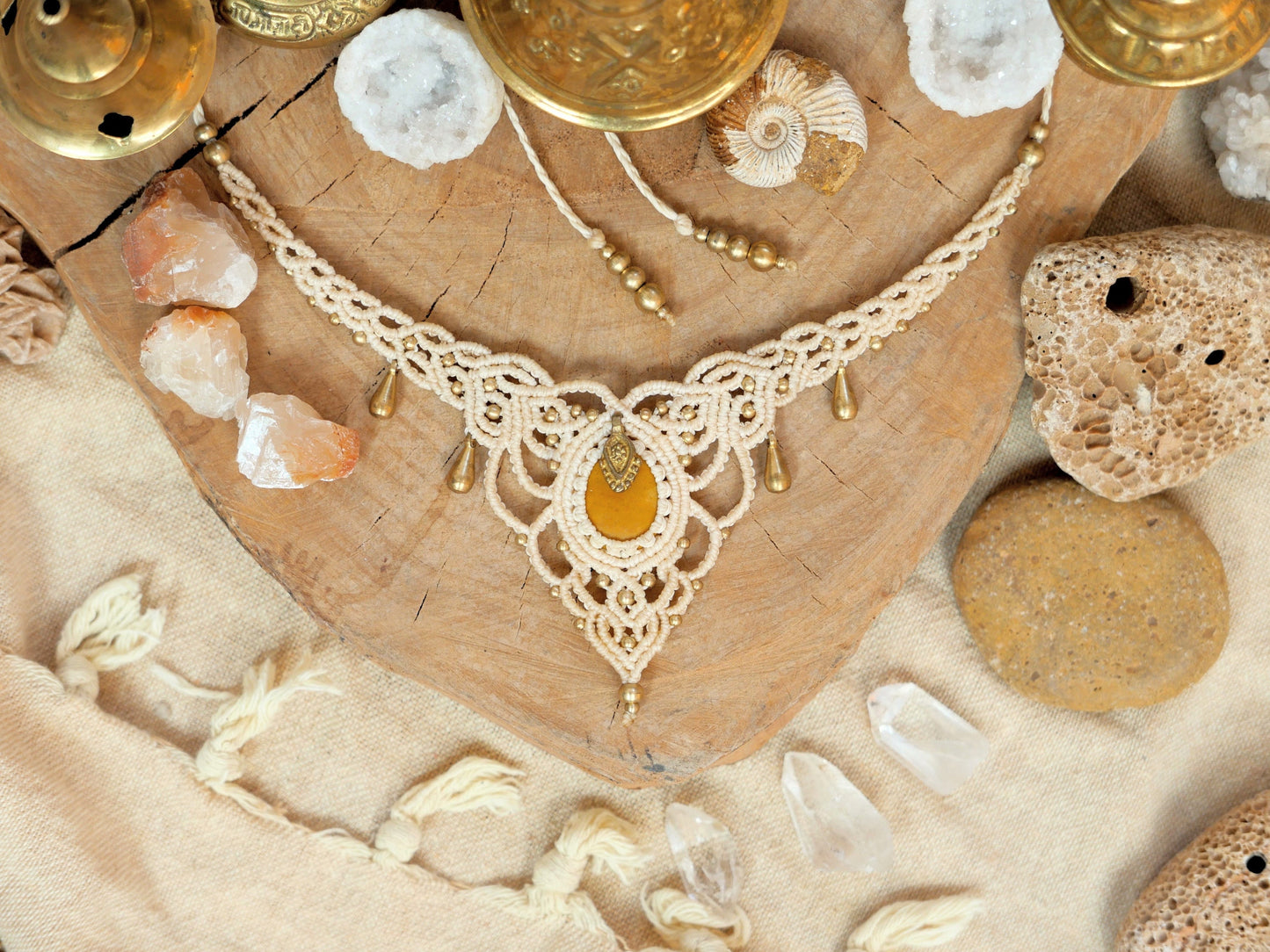 Goddess macrame necklace with jasper crystal and brass drop charms