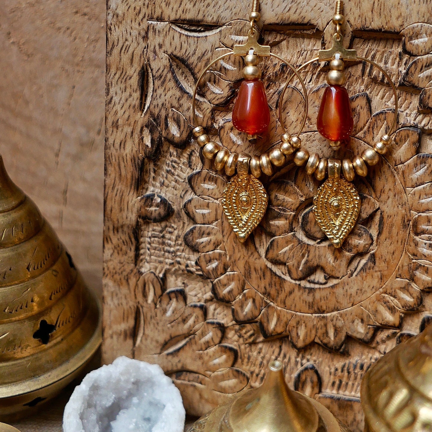 Bohemian gemstone earrings | Tribal golden brass earrings with Carnelian crystals