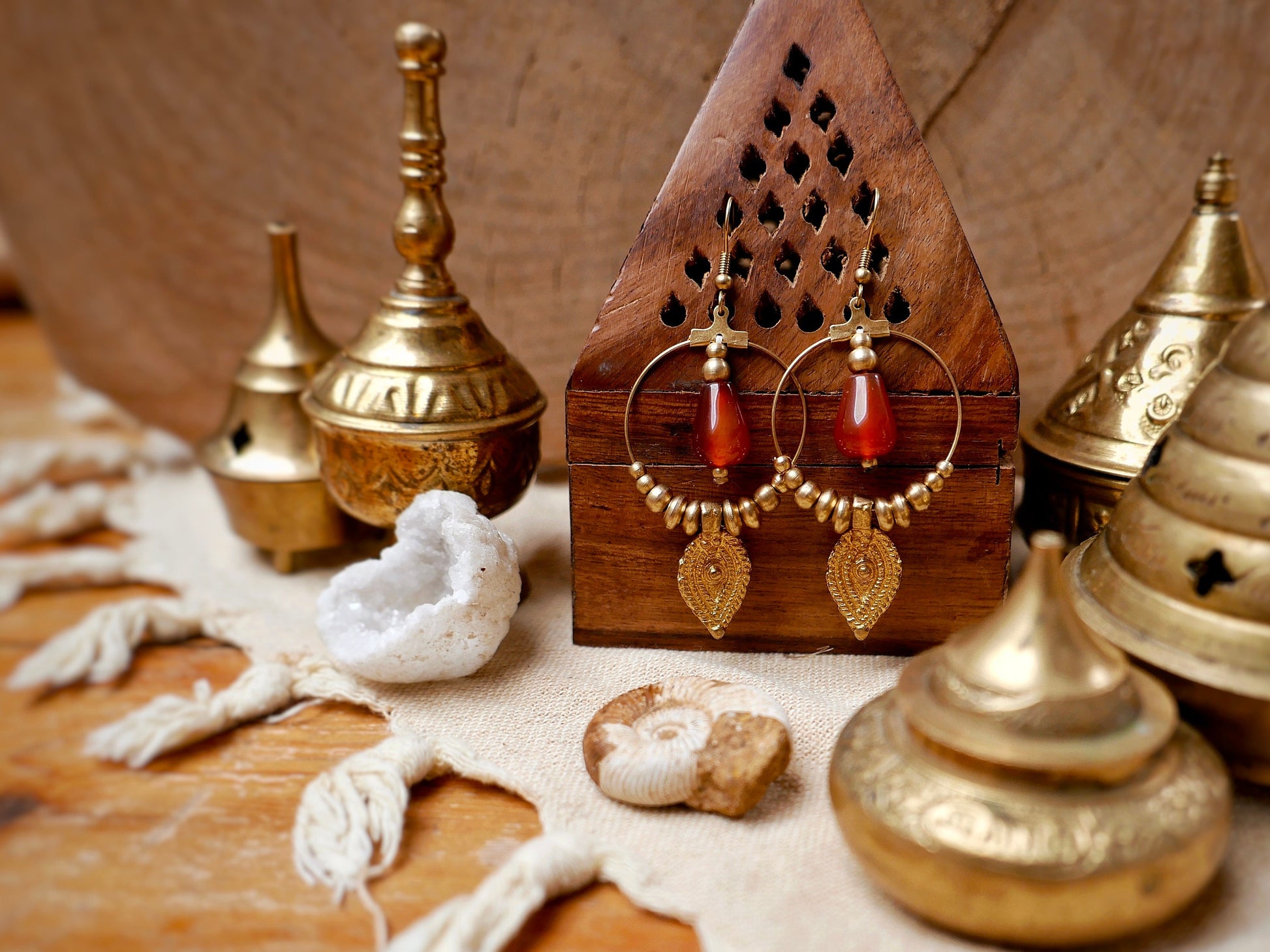 Bohemian gemstone earrings | Tribal golden brass earrings with Carnelian crystals