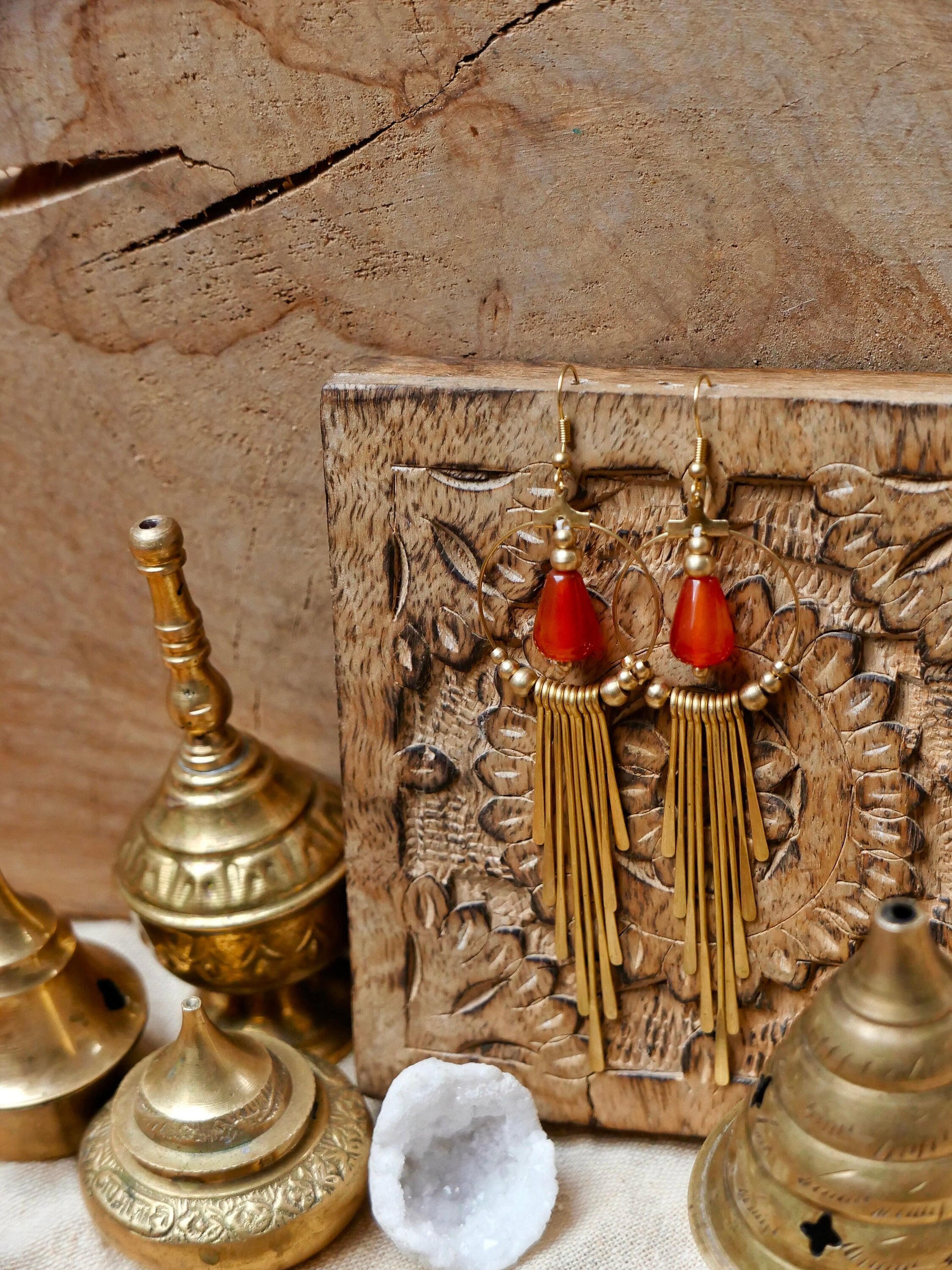 Boho brass goddess earrings with gemstones | Tribal brass earrings with Carnelian crystals