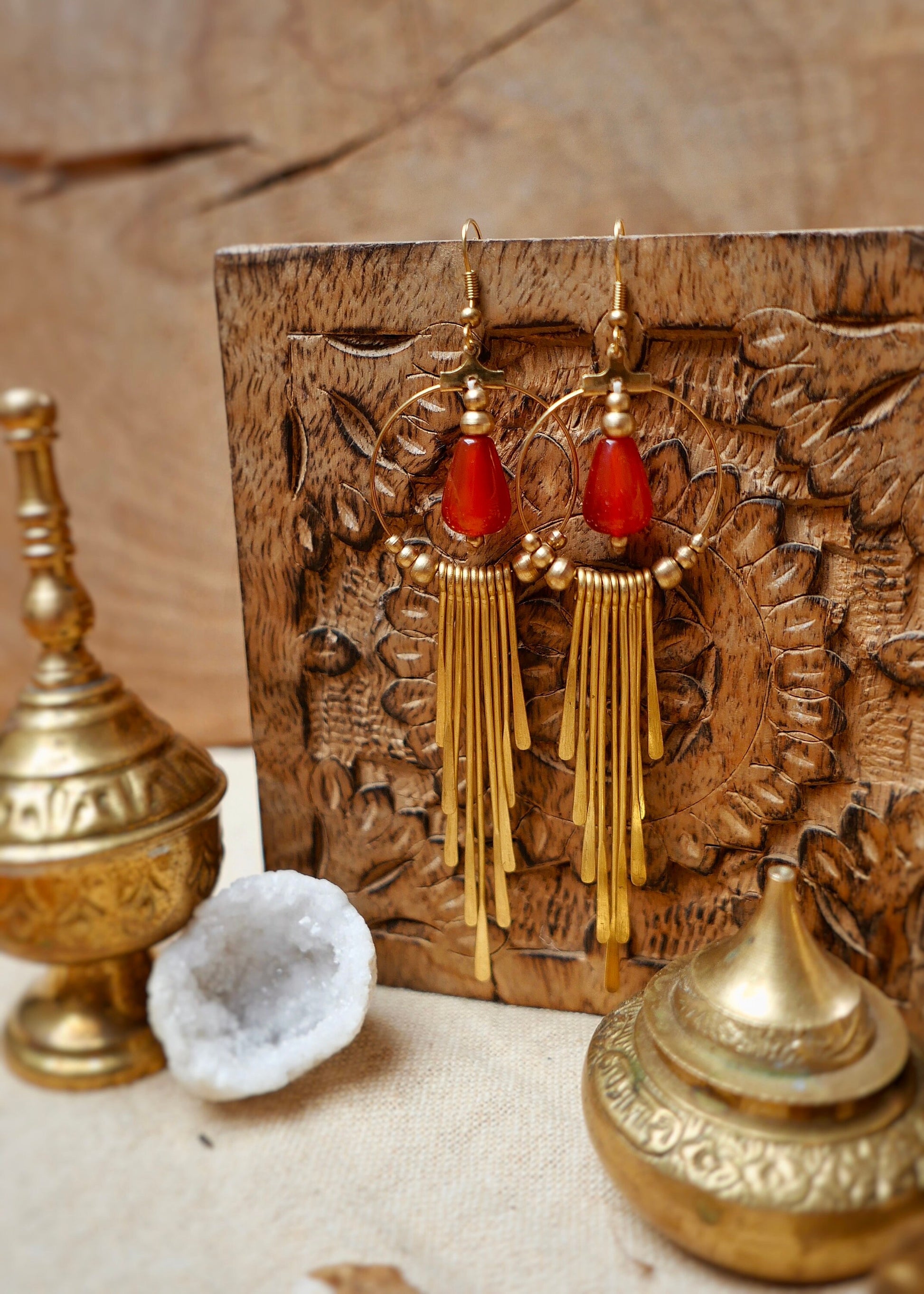 Boho brass goddess earrings with gemstones | Tribal brass earrings with Carnelian crystals