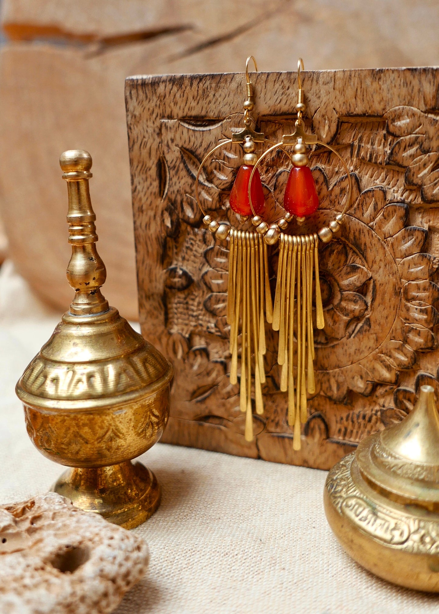 Boho brass goddess earrings with gemstones | Tribal brass earrings with Carnelian crystals