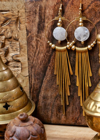 Boho brass goddess earrings with Quartz gemstones | Tribal brass earrings with healing crystals