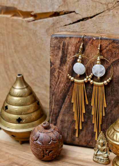 Boho brass goddess earrings with Quartz gemstones | Tribal brass earrings with healing crystals