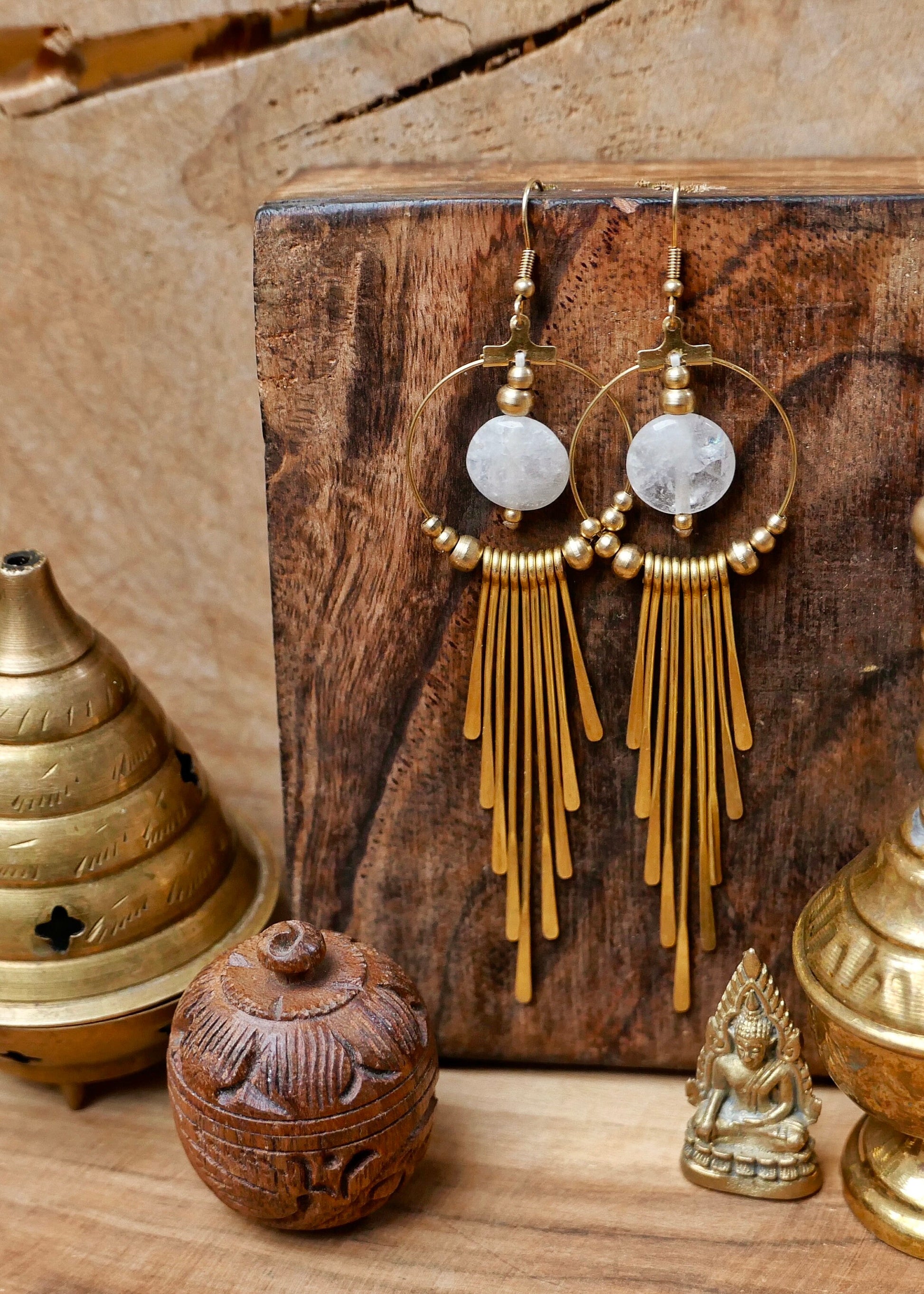 Boho brass goddess earrings with Quartz gemstones | Tribal brass earrings with healing crystals