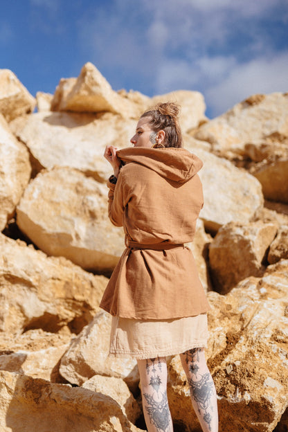 hooded rust brown jacket with waist straps