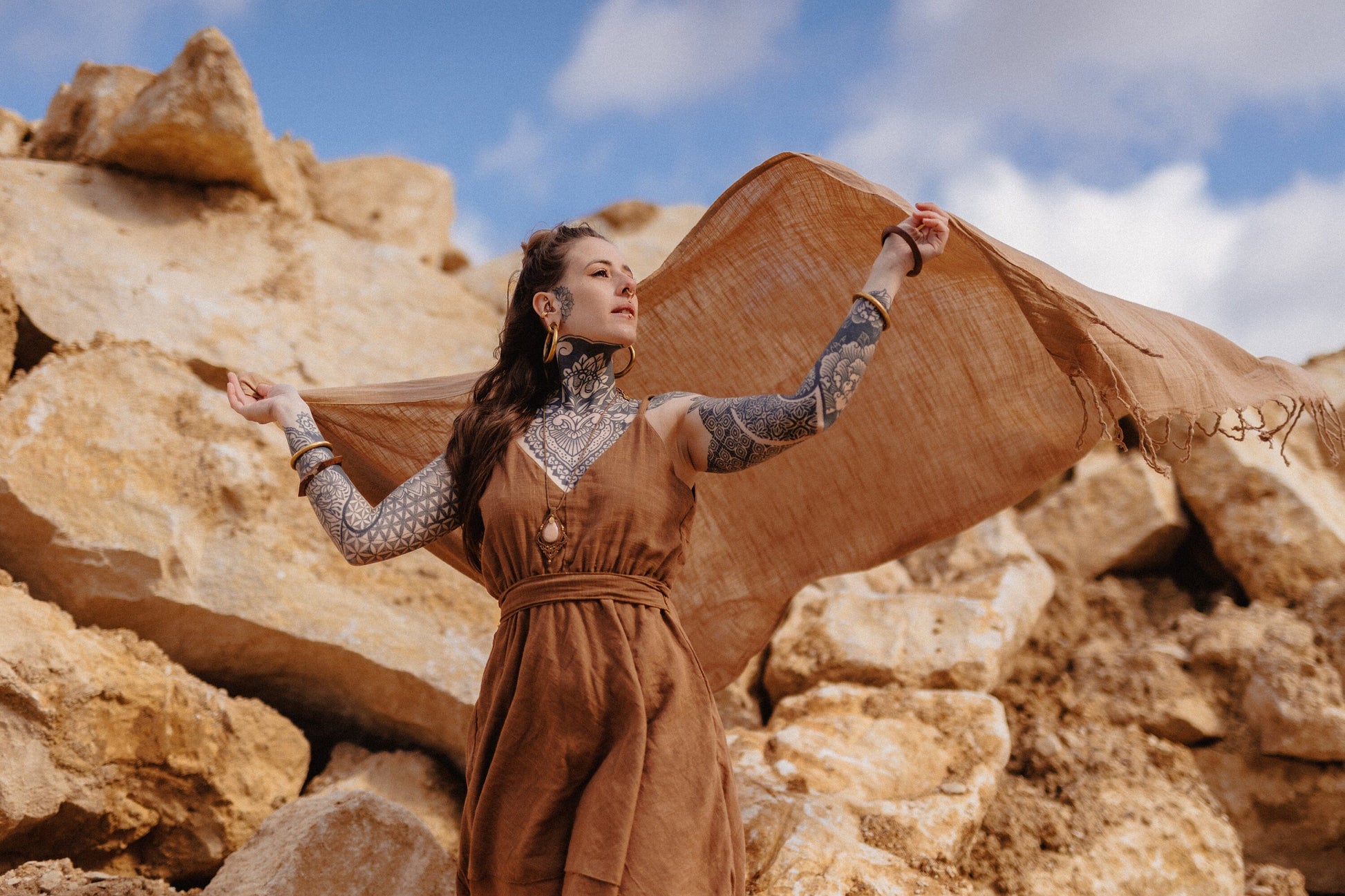 Tribal cotton summer dress in rust brown