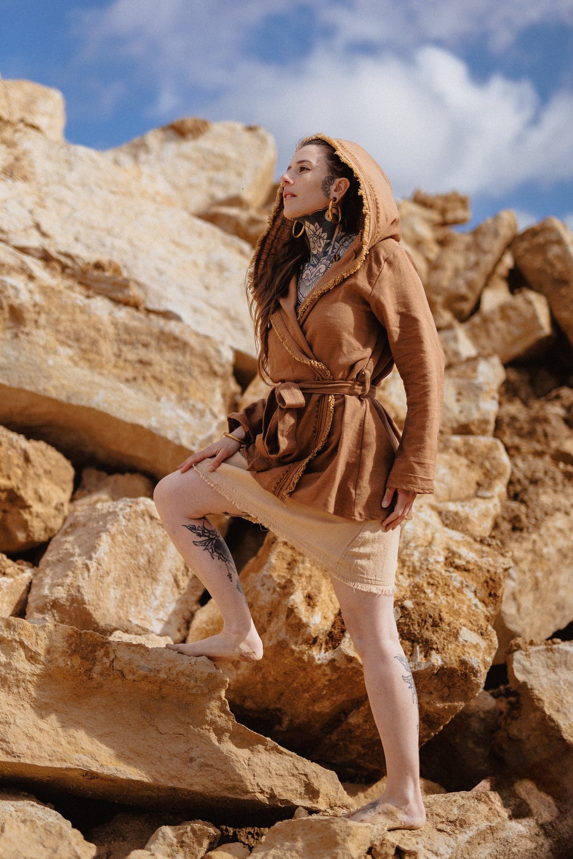 rust brown boho jacket with waist belt