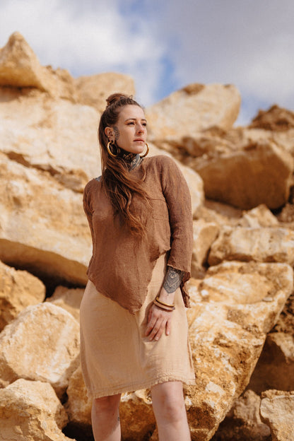 Wide sleeve woven blouse with a boho goddess design in colour taupe brown