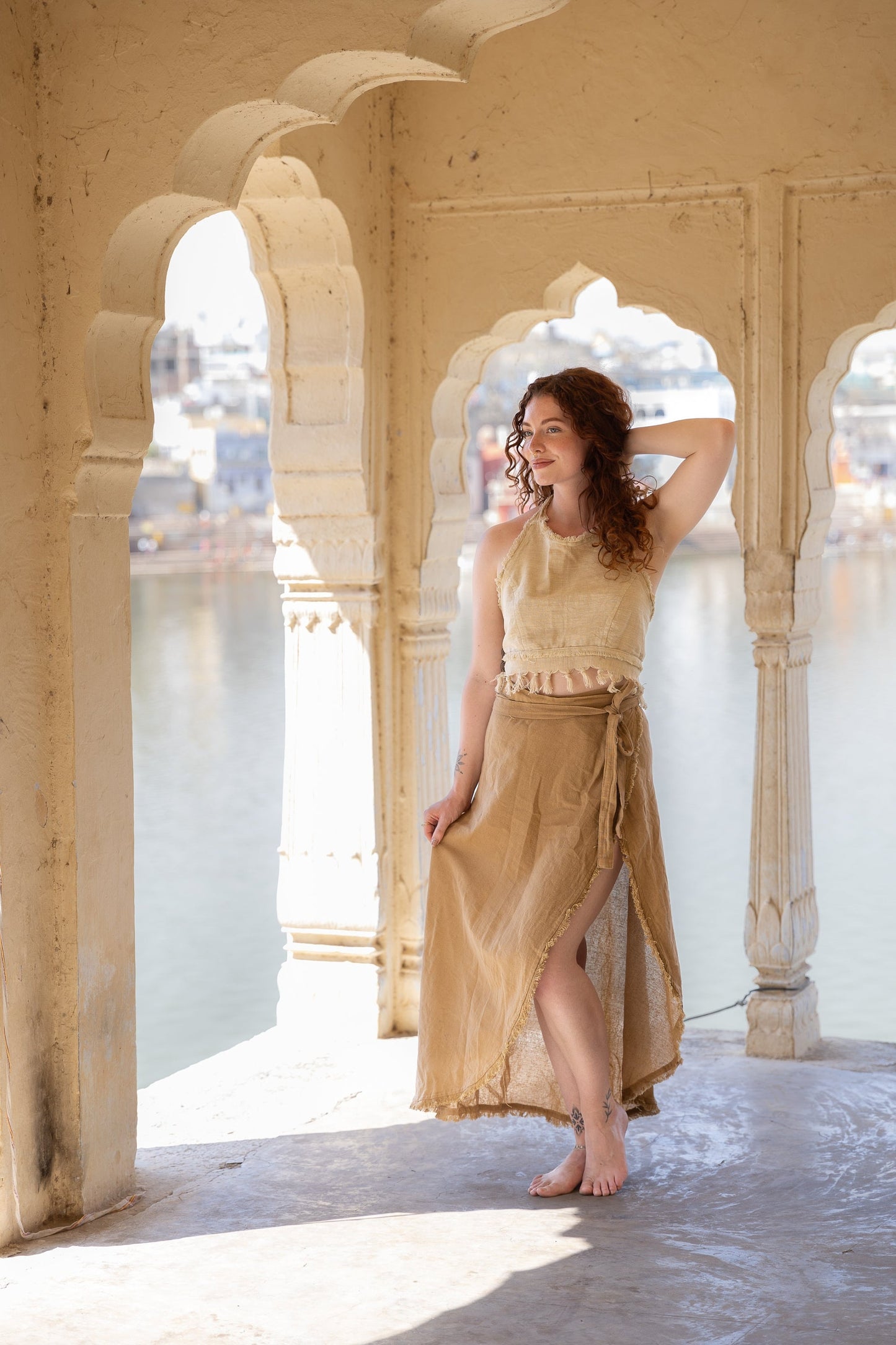 brown high slit long wrap skirt in a soft brown cotton