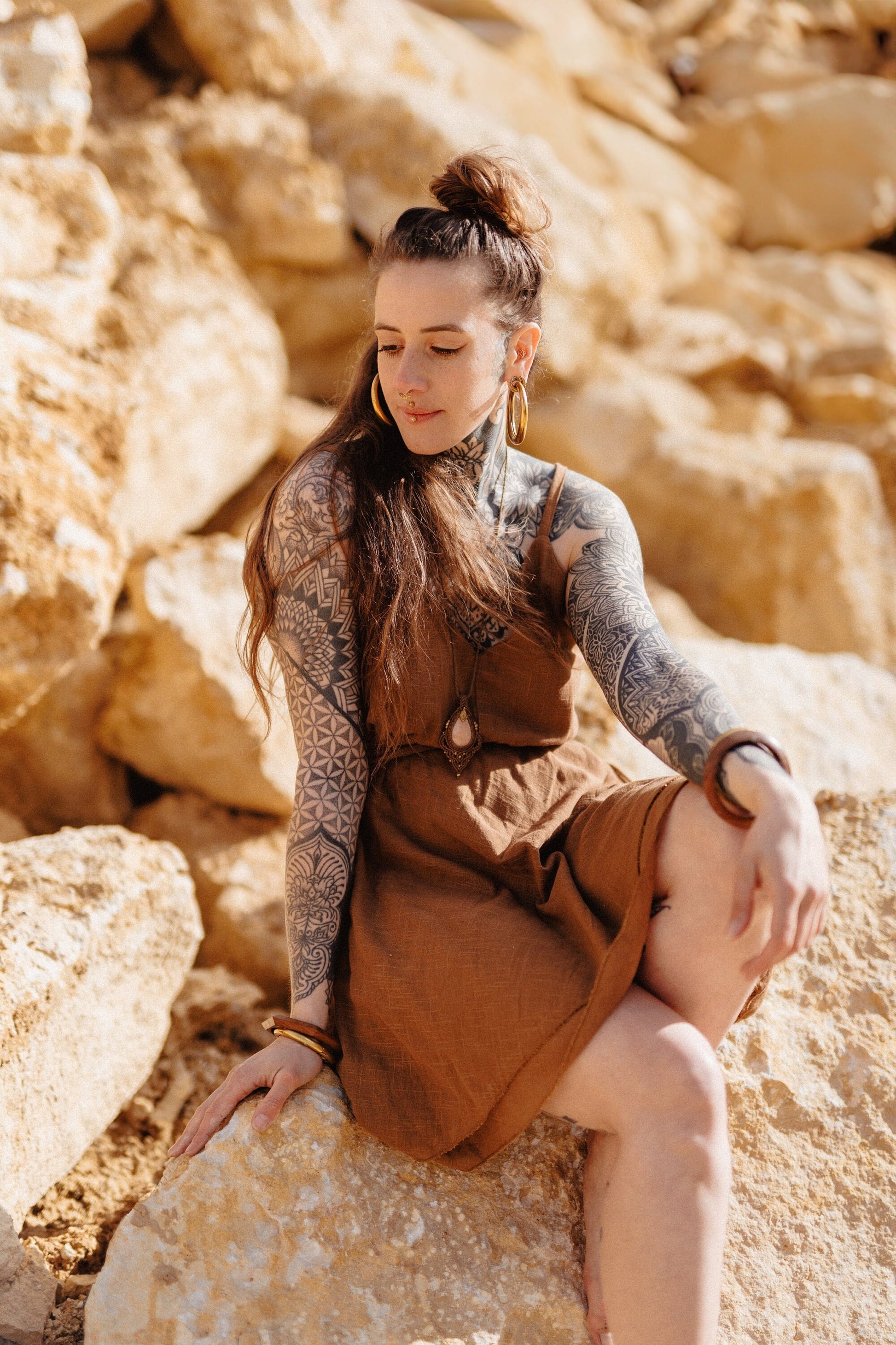 Rust brown backless boho sun dress with waist strap