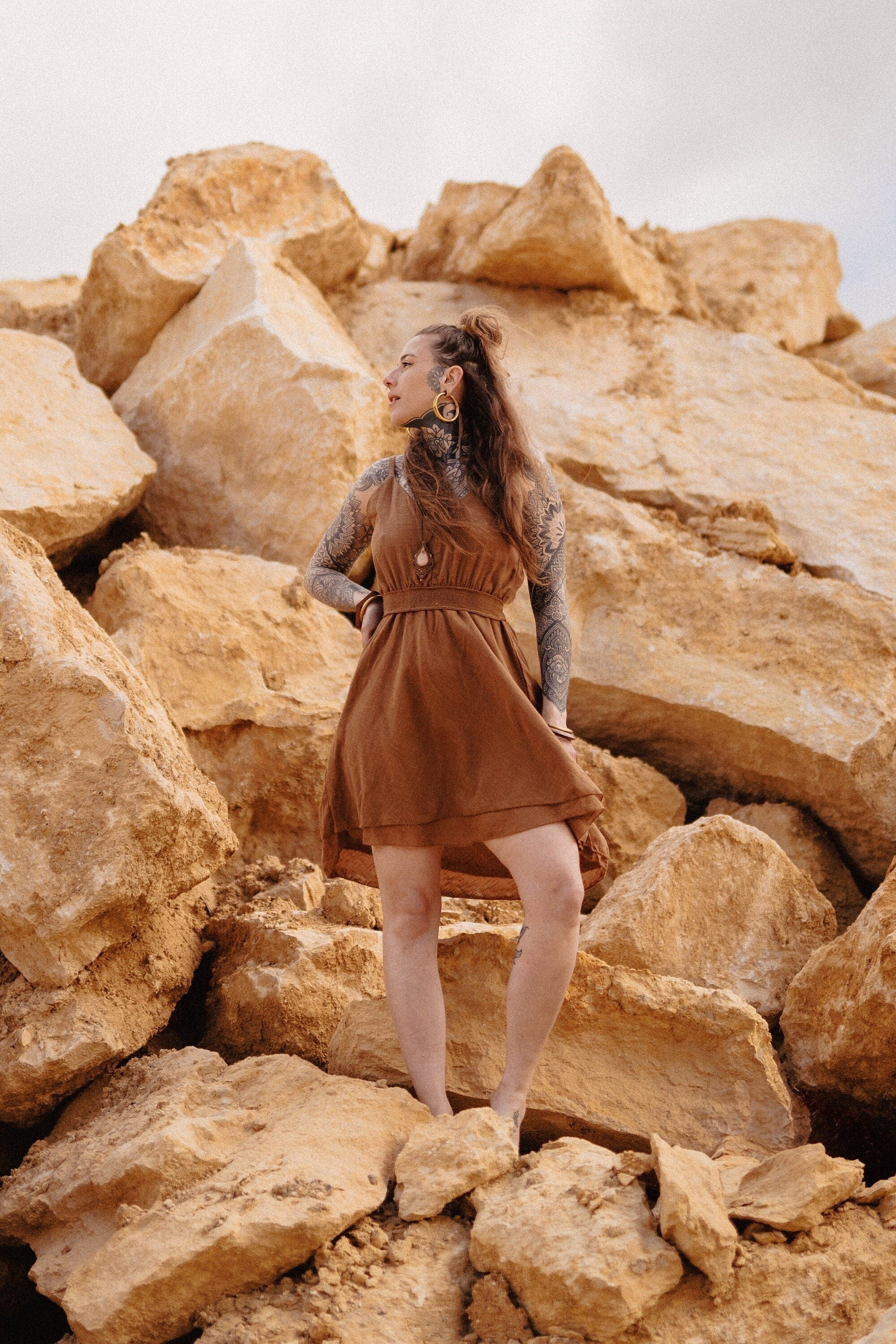 Romantic boho dress with a high low design and a waist strap | Rust –  Pebbles Tribal Craft