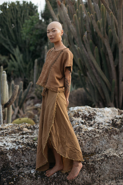 Tribal cotton top with block print design | Cinnamon brown