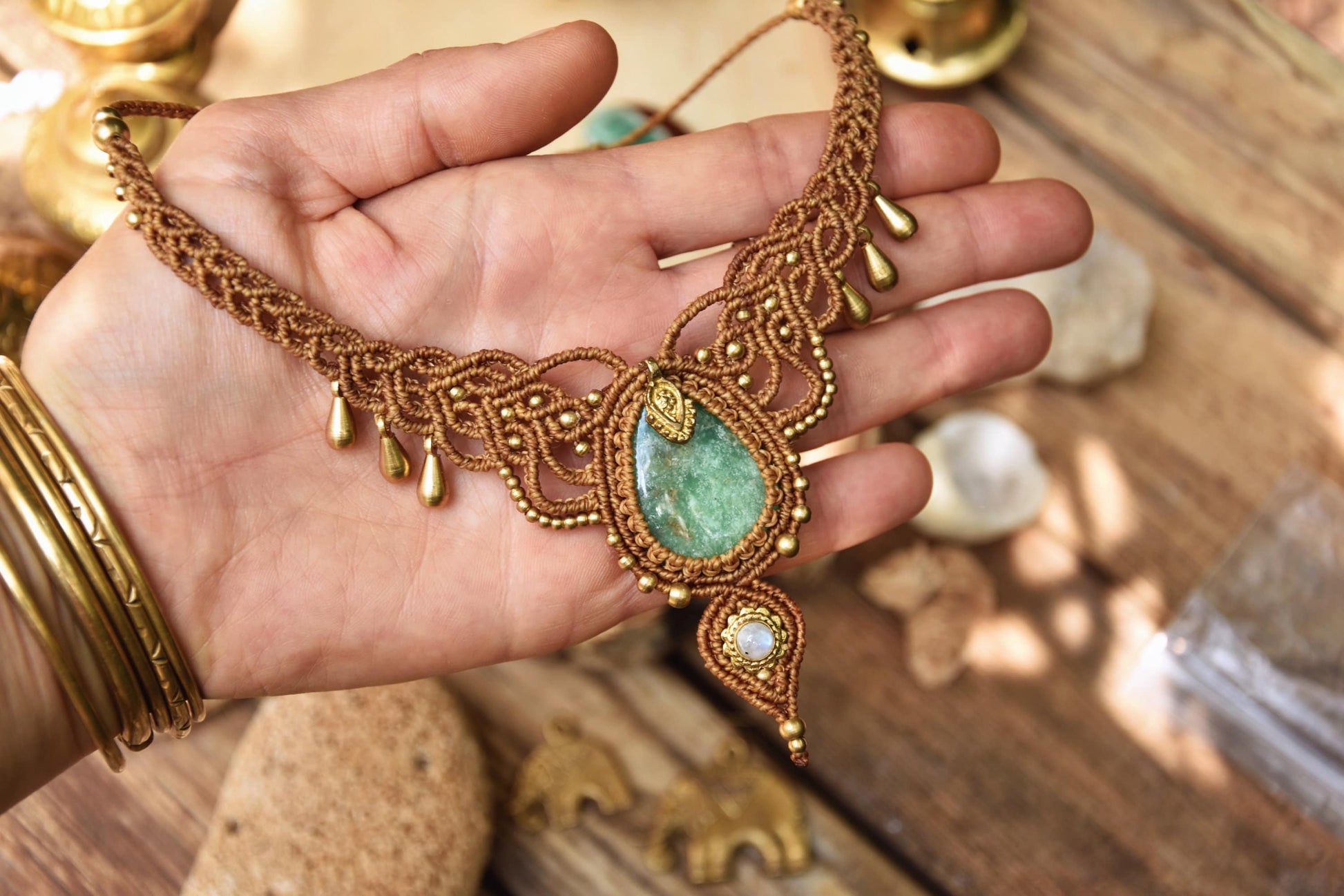 Tribal necklace with two gemstones | Boho necklace with brass drops | bohemian necklace | Chrysoprase and Moonstone necklace