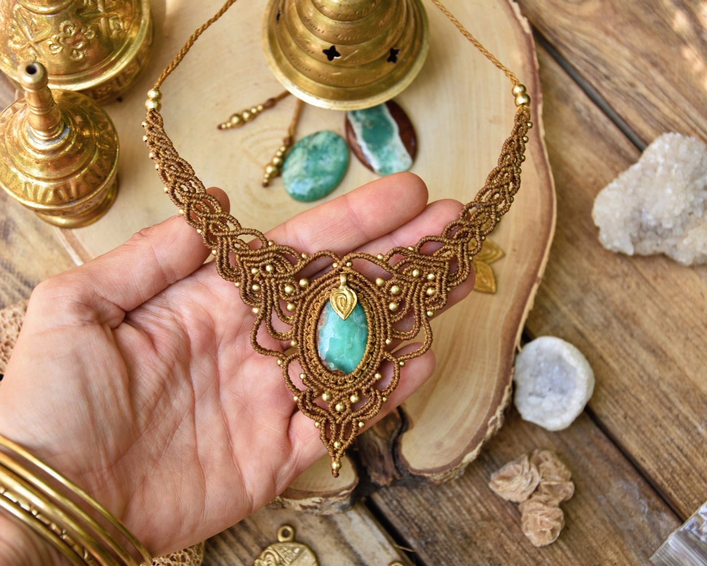 Boho necklace | Tribal macrame necklace | Bohemian gemstone necklace | Ethnic necklace | Chrysoprase necklace