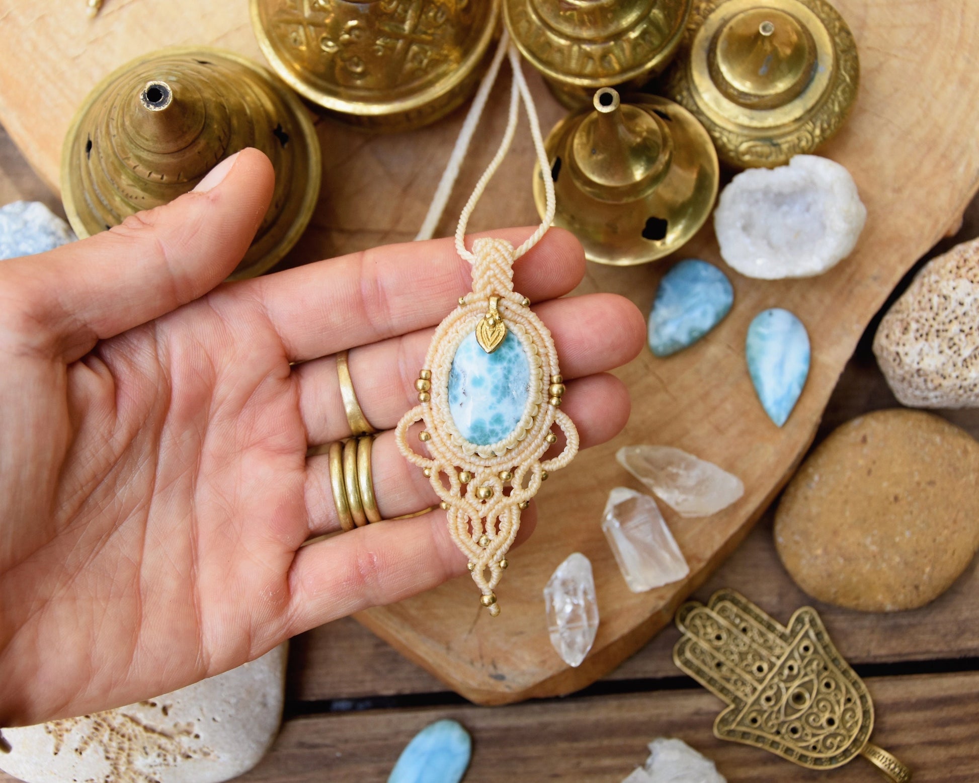 Larimar pendant | bohemian necklace | Boho chic necklace | macrame necklace with Larimar stone