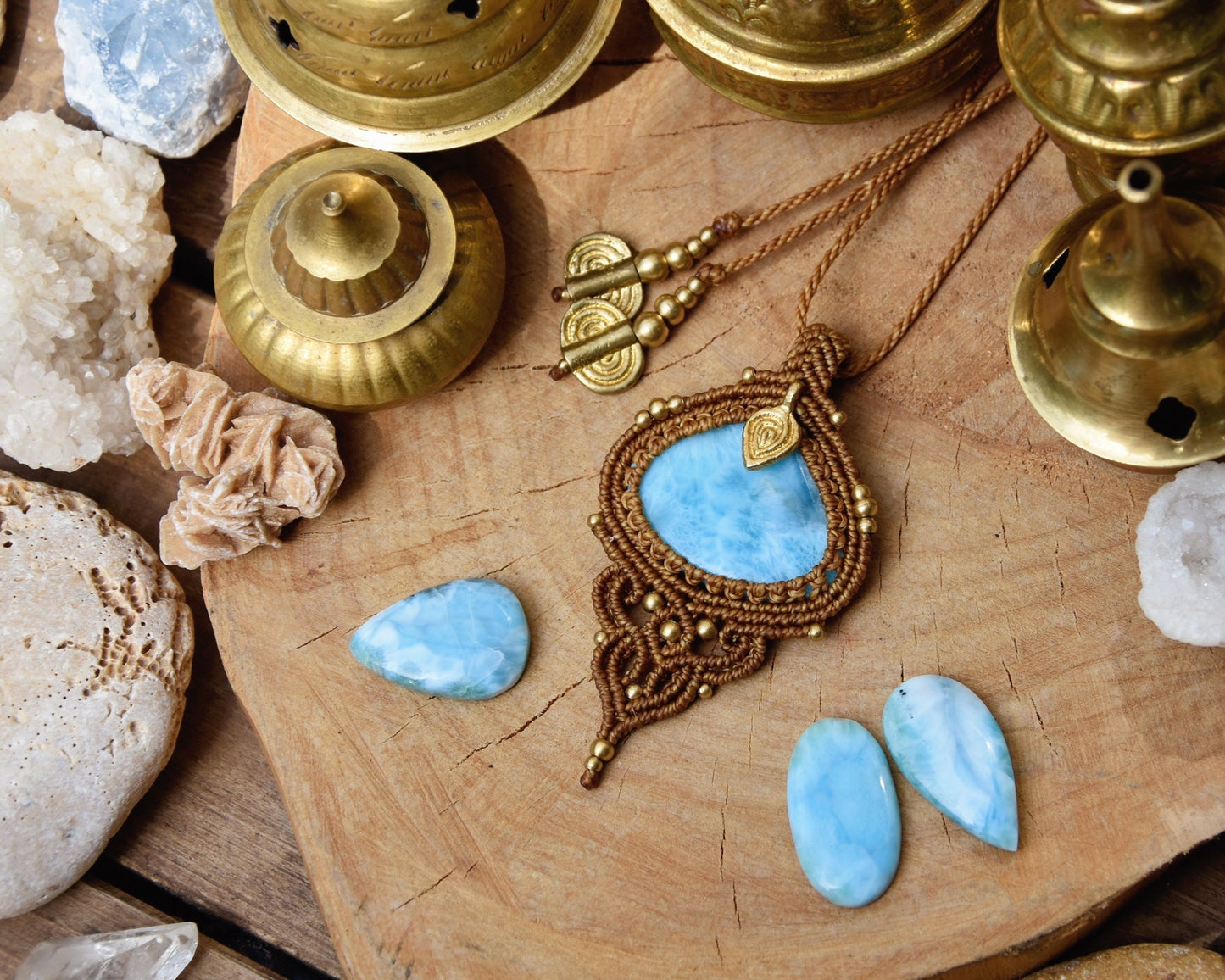 Boho Larimar pendant | bohemian macrame necklace | Boho chic necklace | Large gemstone amulet | boho crystal pendant