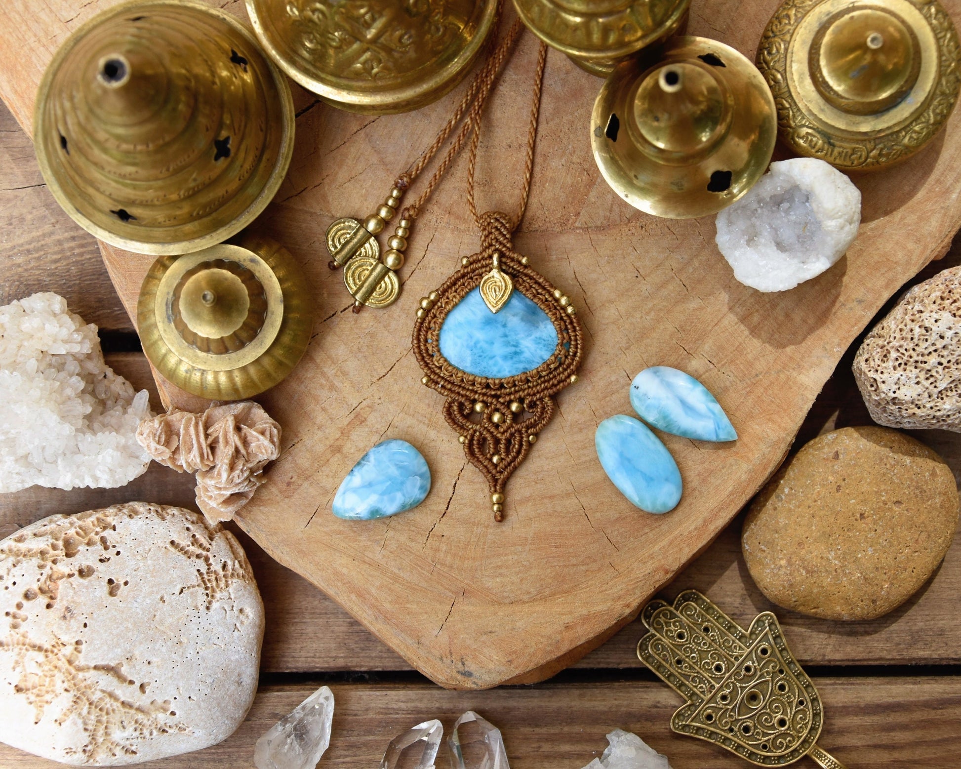 Boho Larimar pendant | bohemian macrame necklace | Boho chic necklace | Large gemstone amulet | boho crystal pendant