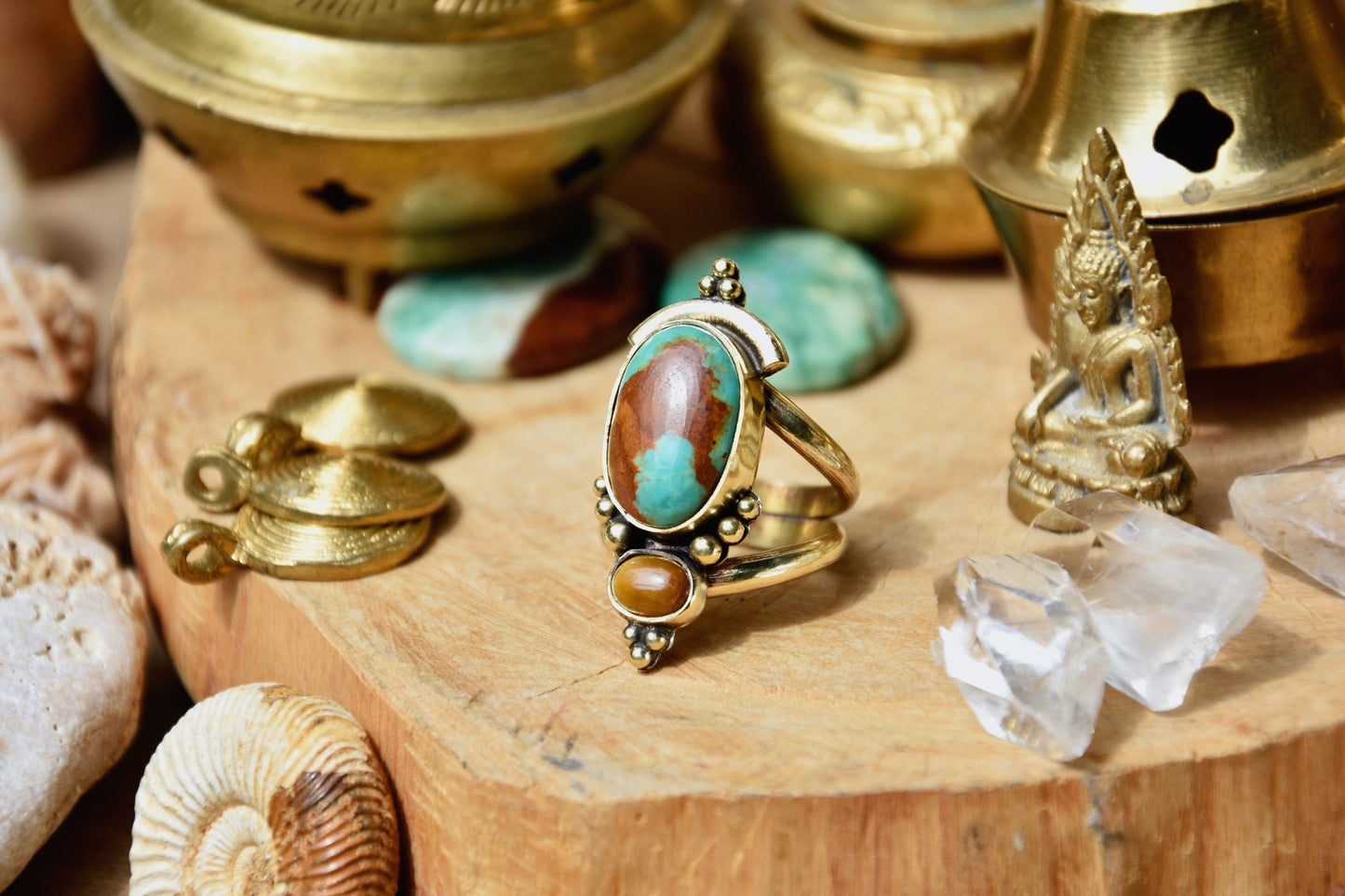 Bohemian brass gemstone ring | Ethnic ring | Boho ring | Turquoise ring | Yoga ring | Gemstone ring | Forest ring | Natural ring