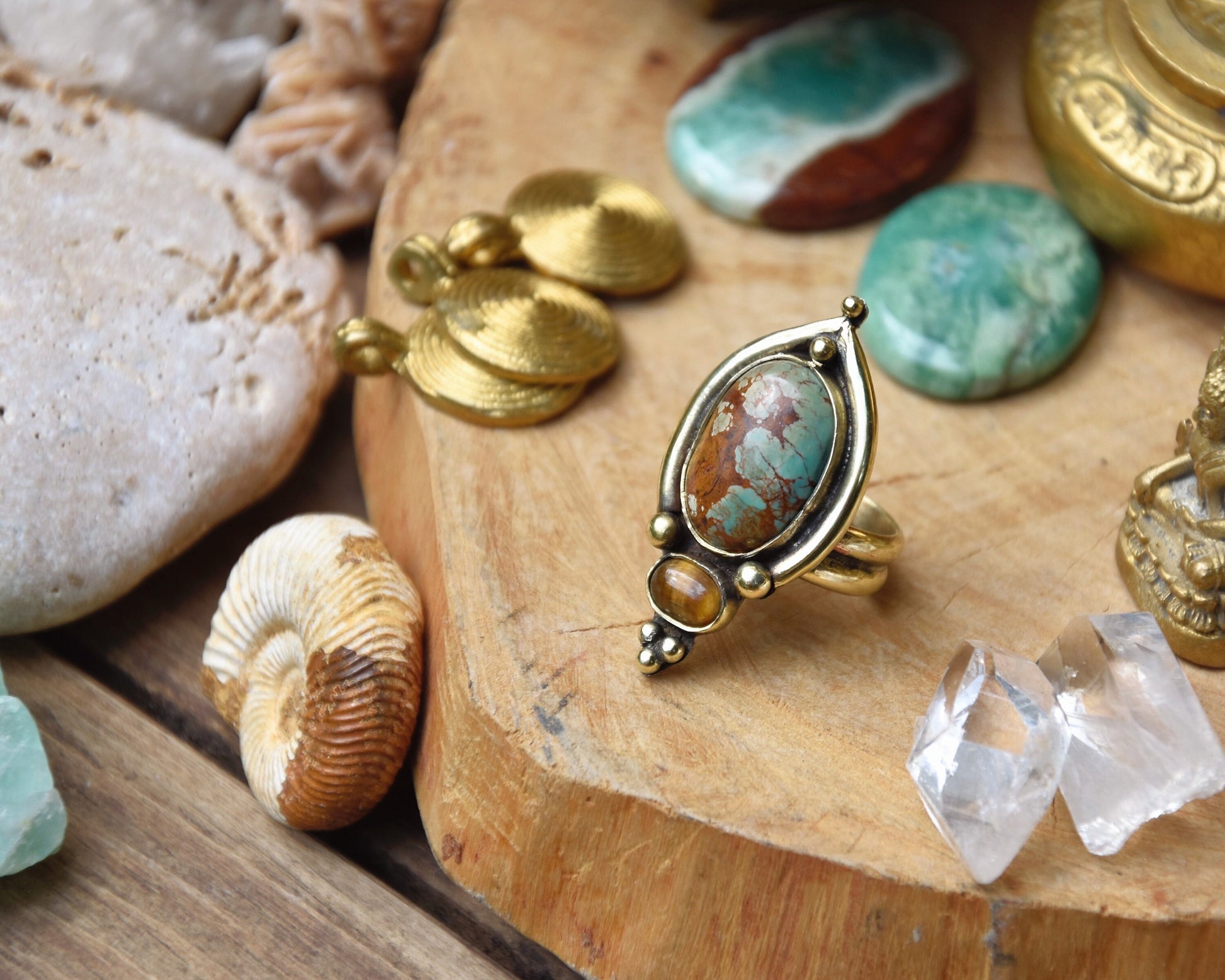 Tribal brass gemstone ring | Boho goddess ring | Turquoise ring | Tiger Eye ring | Ethnic ring | Gemstone ring