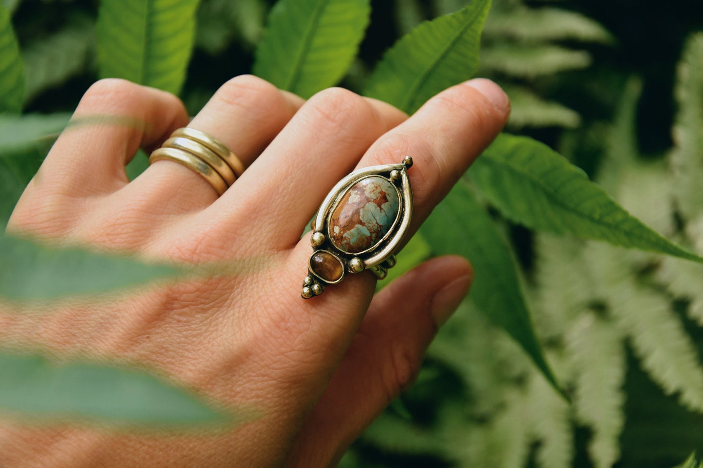 Tribal brass gemstone ring | Boho goddess ring | Turquoise ring | Tiger Eye ring | Ethnic ring | Gemstone ring