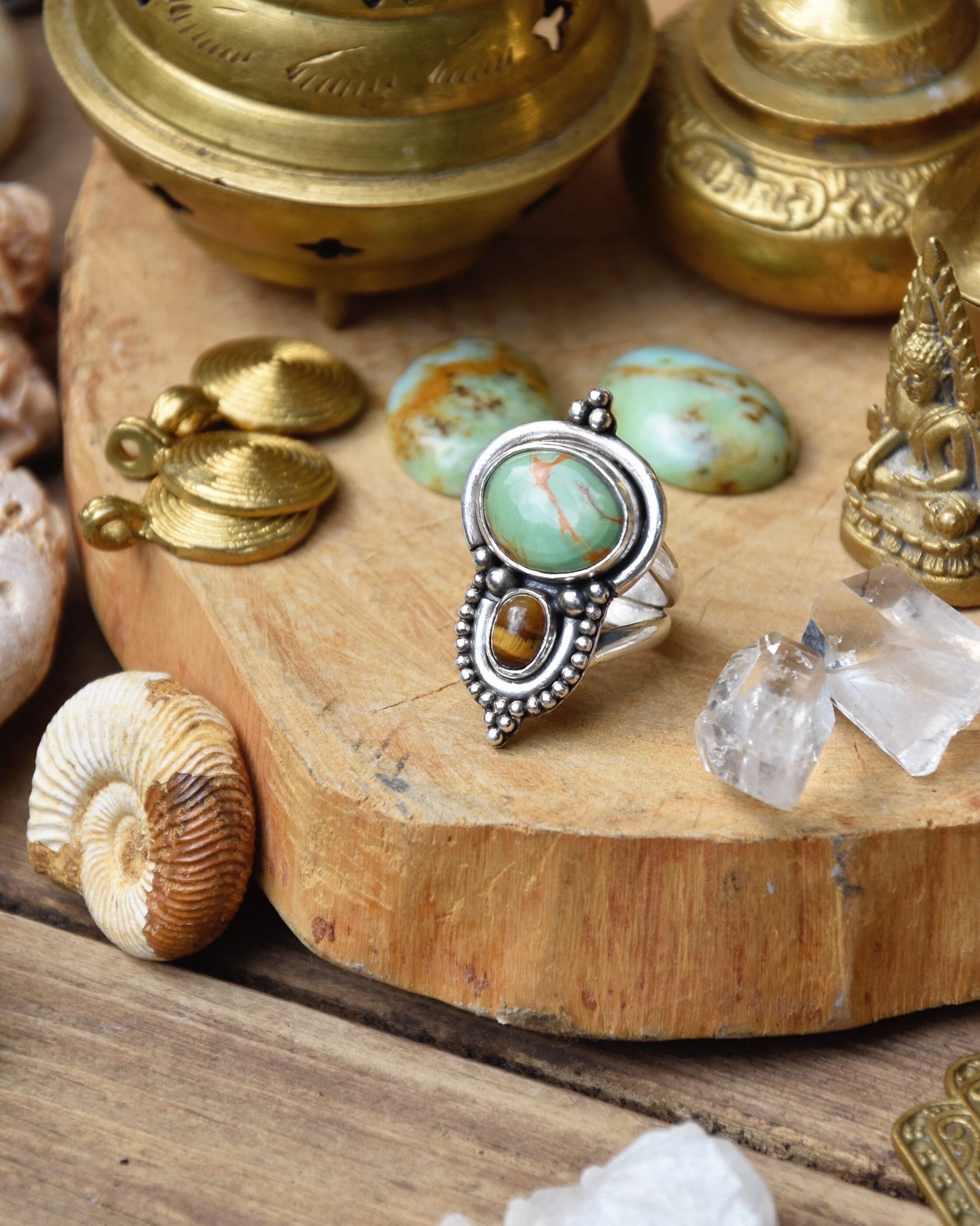 Ornamental boho ring | Silver Turquoise ring | Tiger Eye ring | Ethnic ring | handmade bohemian ring | Multi-stone ring