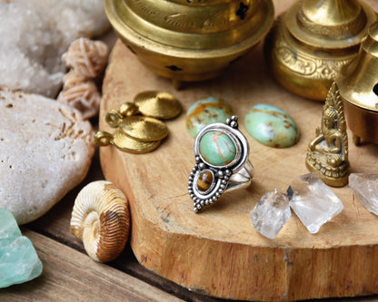 Ornamental boho ring | Silver Turquoise ring | Tiger Eye ring | Ethnic ring | handmade bohemian ring | Multi-stone ring